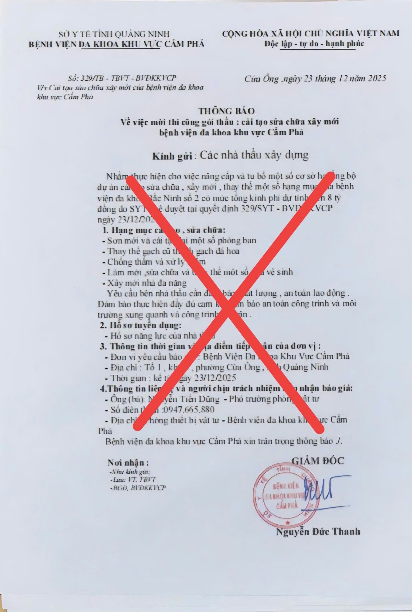 THÔNG BÁO CẢNH BÁO: Về việc xuất hiện văn bản giả mạo danh nghĩa Bệnh viện Đa khoa khu vực Cẩm Phả