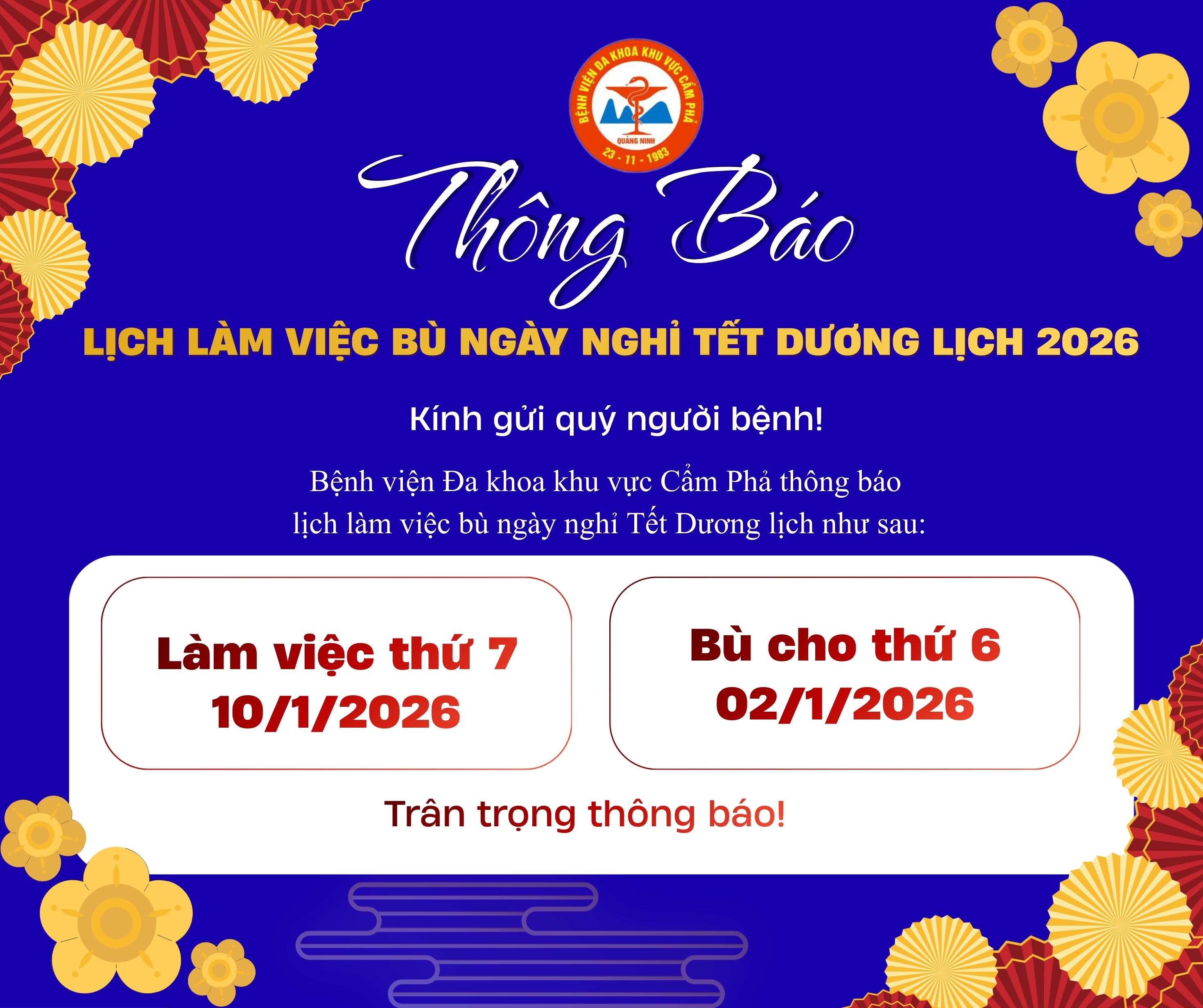 BỆNH VIỆN ĐA KHOA KHU VỰC CẨM PHẢ THÔNG BÁO LỊCH LÀM VIỆC BÙ NGÀY NGHỈ TẾT DƯƠNG LỊCH 2026