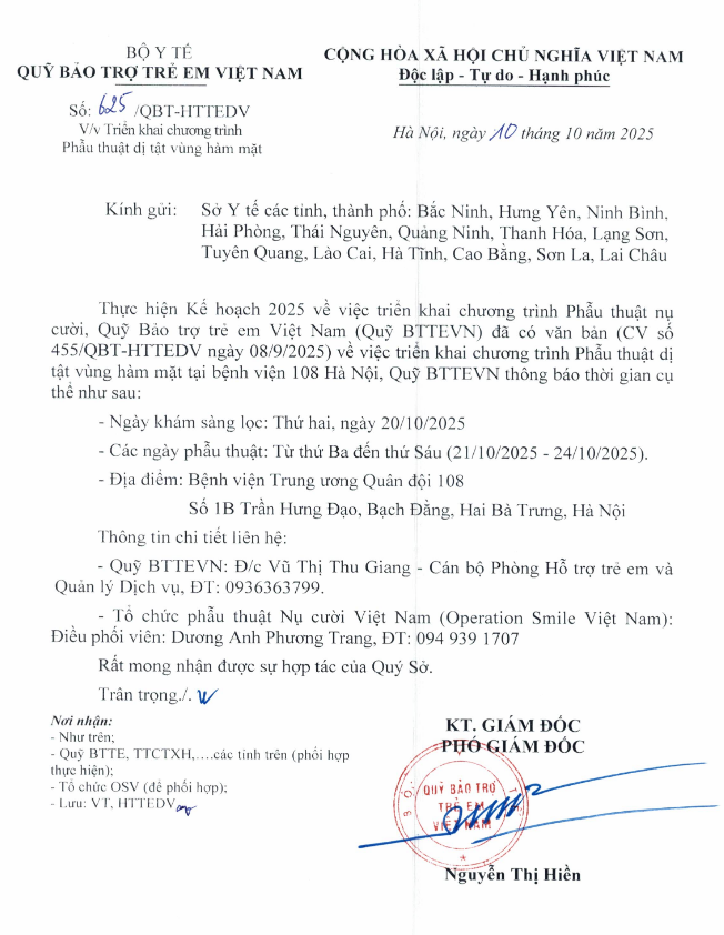 THÔNG BÁO: Về việc triển khai Chương trình phẫu thuật dị tật vùng hàm mặt năm 2025 tại Bệnh viện Trung ương Quân đội 108